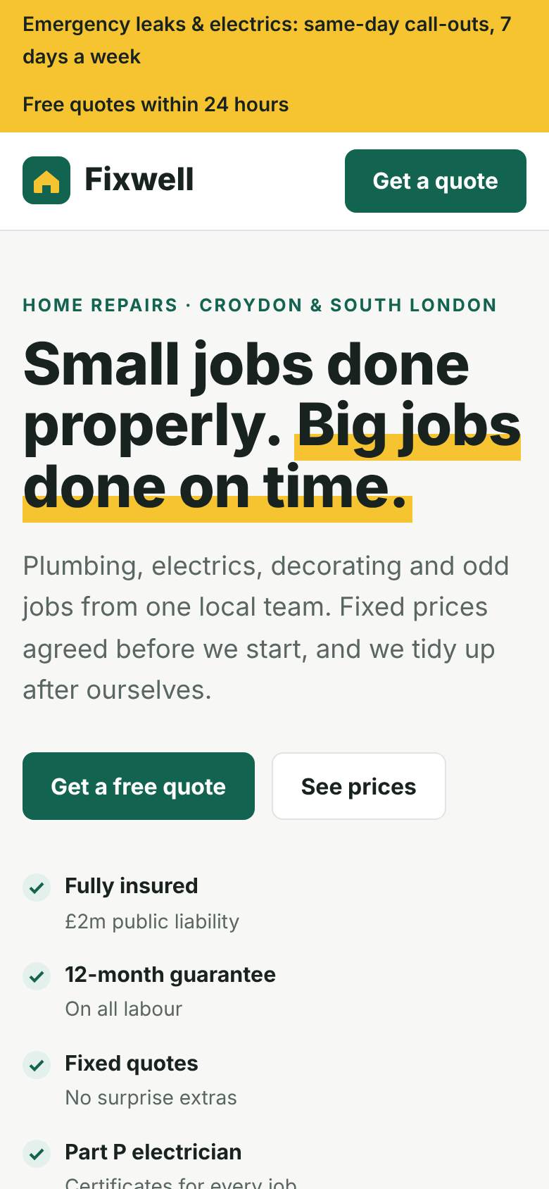 Fixwell Home Repairs website on a phone