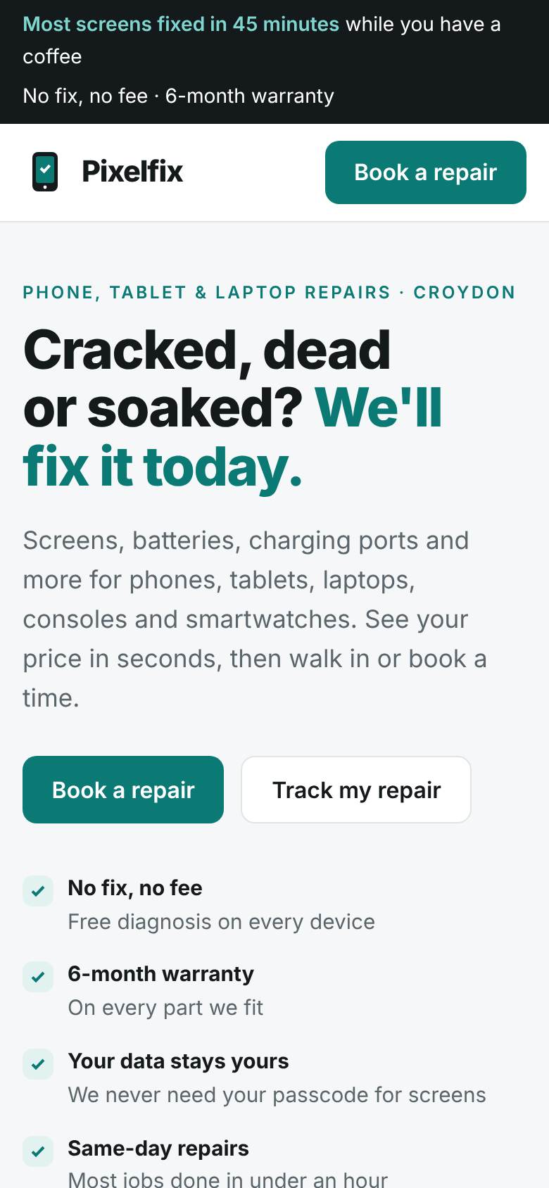 Pixelfix Repairs website on a phone